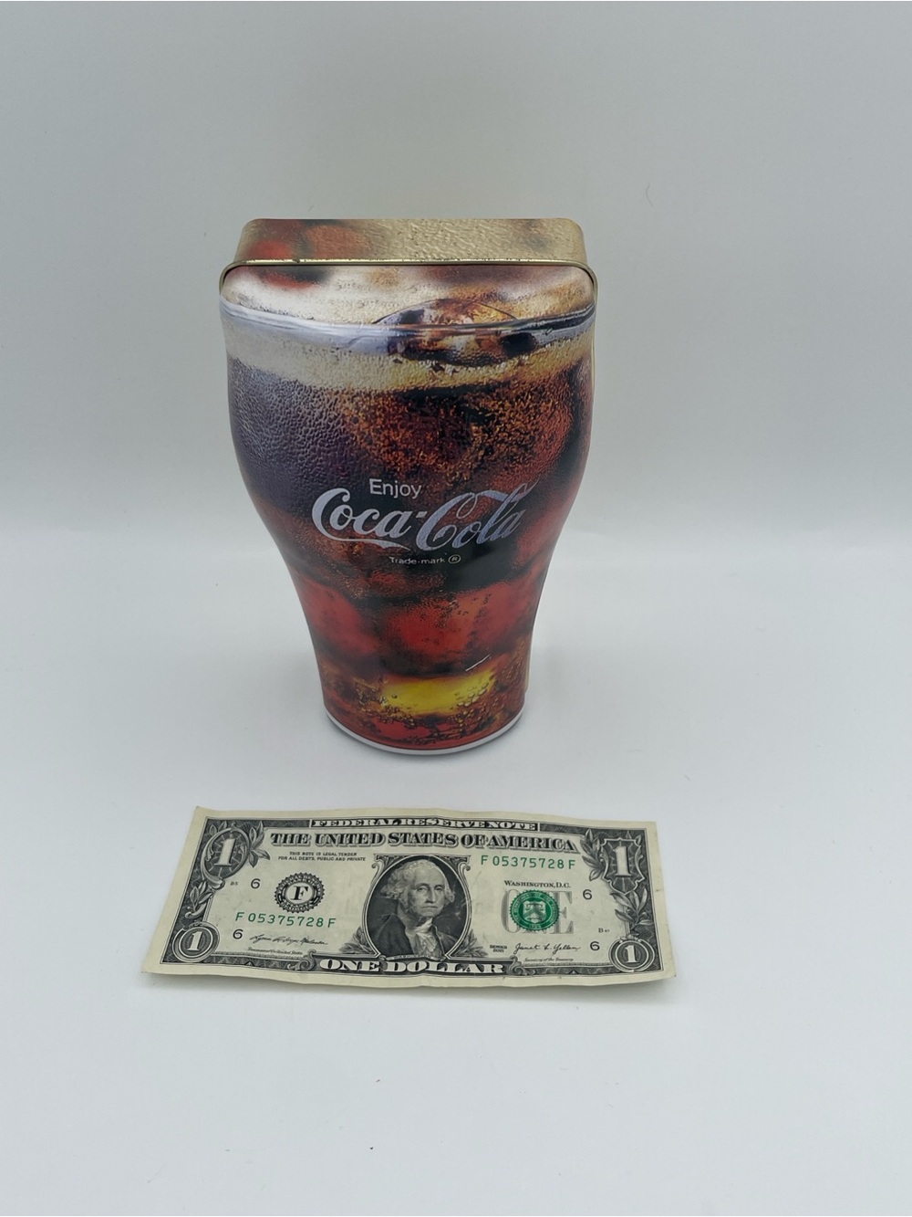 Coca Cola Brown, Red & Yellow Tin Canister with Enjoy Logo
